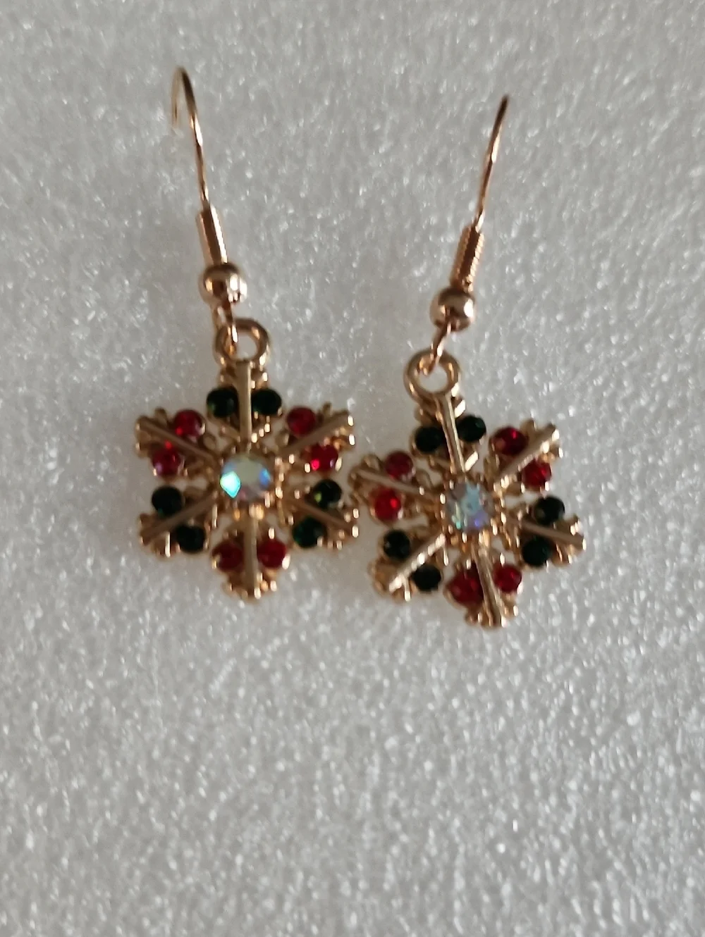 Hand Crafted Gold Snowflake Earrings with Red and Green Crystals